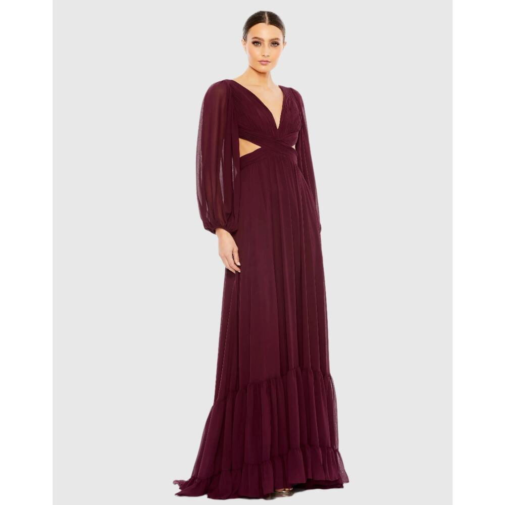 Mac Duggal NWT Pleated Cut Out Long Sleeve Lace Up Tiered Gown in Plum Size 4